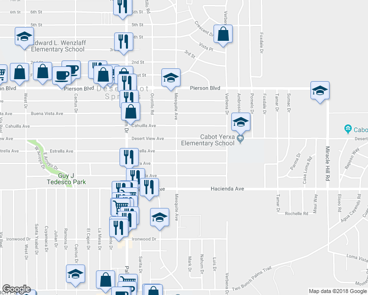 map of restaurants, bars, coffee shops, grocery stores, and more near 66784 Estrella Avenue in Desert Hot Springs