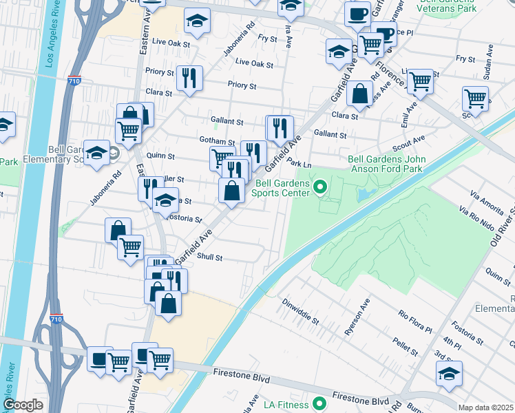 map of restaurants, bars, coffee shops, grocery stores, and more near 6039 Buell Street in Bell Gardens