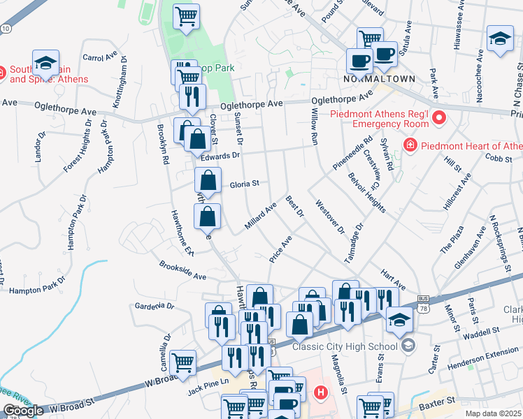 map of restaurants, bars, coffee shops, grocery stores, and more near 230 Millard Street in Athens