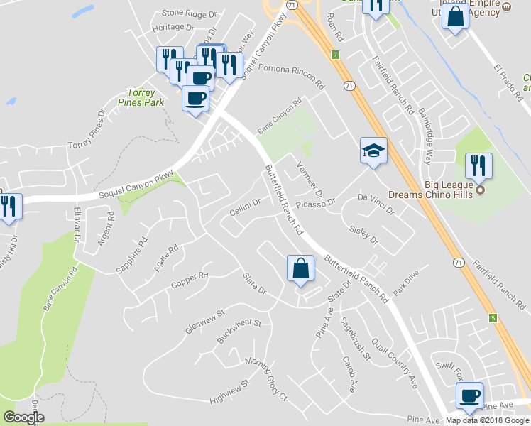 map of restaurants, bars, coffee shops, grocery stores, and more near 5162 Picasso Drive in Chino Hills