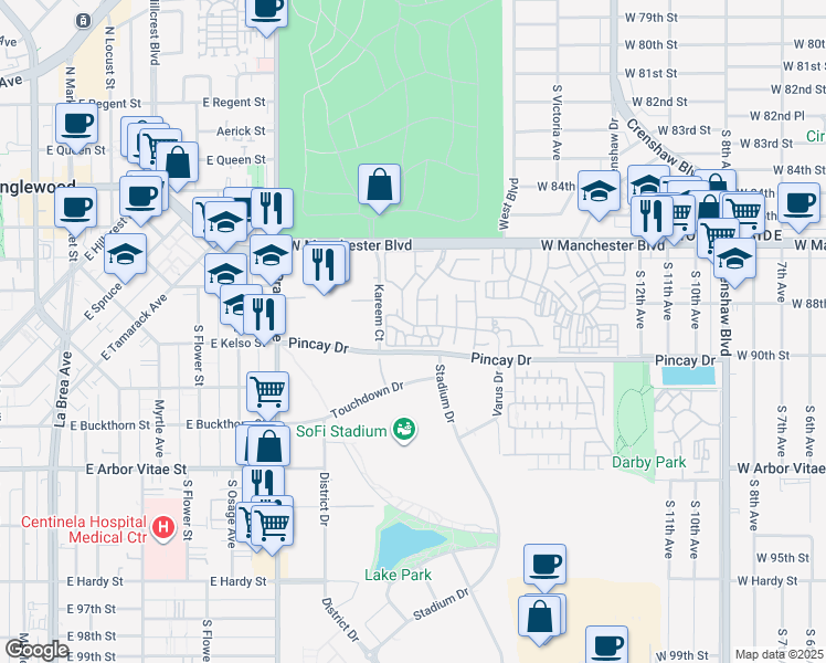 map of restaurants, bars, coffee shops, grocery stores, and more near 3867 Thorncroft Lane in Inglewood