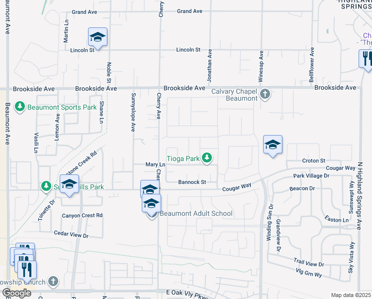 map of restaurants, bars, coffee shops, grocery stores, and more near 1671 Milford Way in Beaumont