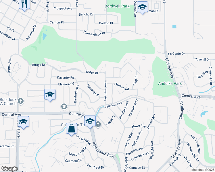 map of restaurants, bars, coffee shops, grocery stores, and more near 5160 Glenhaven Avenue in Riverside