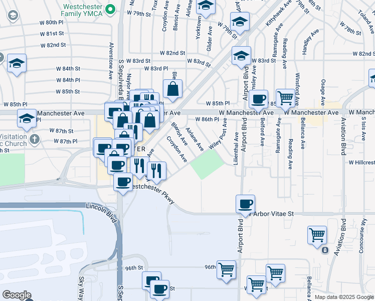 map of restaurants, bars, coffee shops, grocery stores, and more near 8807 Bleriot Avenue in Los Angeles