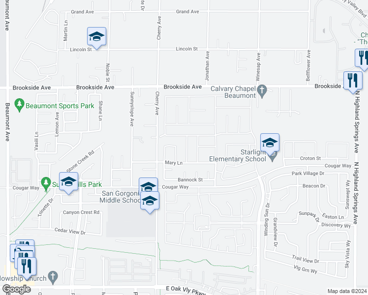 map of restaurants, bars, coffee shops, grocery stores, and more near 1671 Milford Way in Beaumont