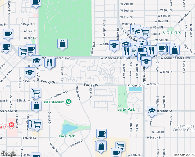 map of restaurants, bars, coffee shops, grocery stores, and more near 3616 Kensley Drive in Inglewood