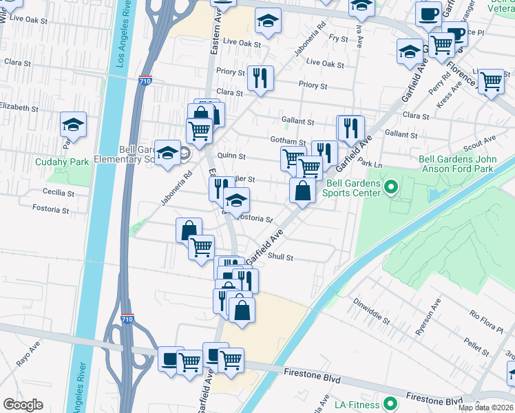 map of restaurants, bars, coffee shops, grocery stores, and more near 5860 Cecilia Street in Bell Gardens