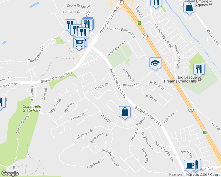 map of restaurants, bars, coffee shops, grocery stores, and more near 5162 Picasso Drive in Chino Hills