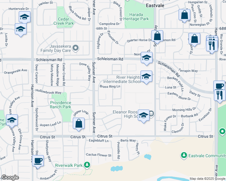 map of restaurants, bars, coffee shops, grocery stores, and more near 7200 Canopy Lane in Eastvale