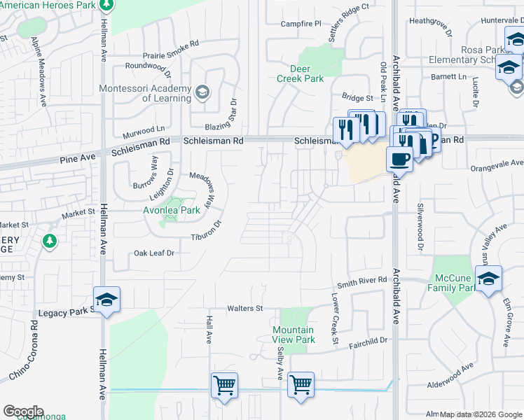 map of restaurants, bars, coffee shops, grocery stores, and more near 14584 Narcisse Drive in Corona