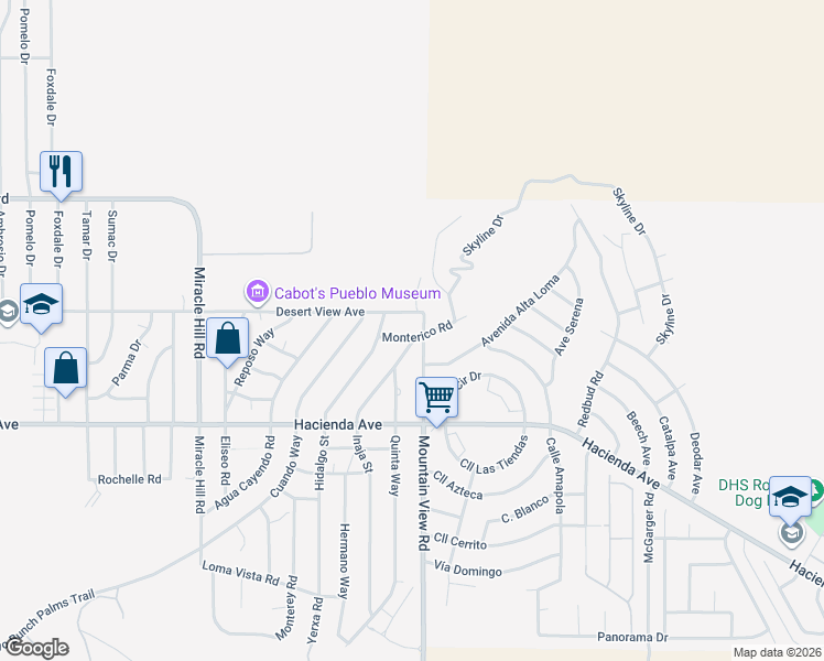 map of restaurants, bars, coffee shops, grocery stores, and more near 67972 Monterico Road in Desert Hot Springs