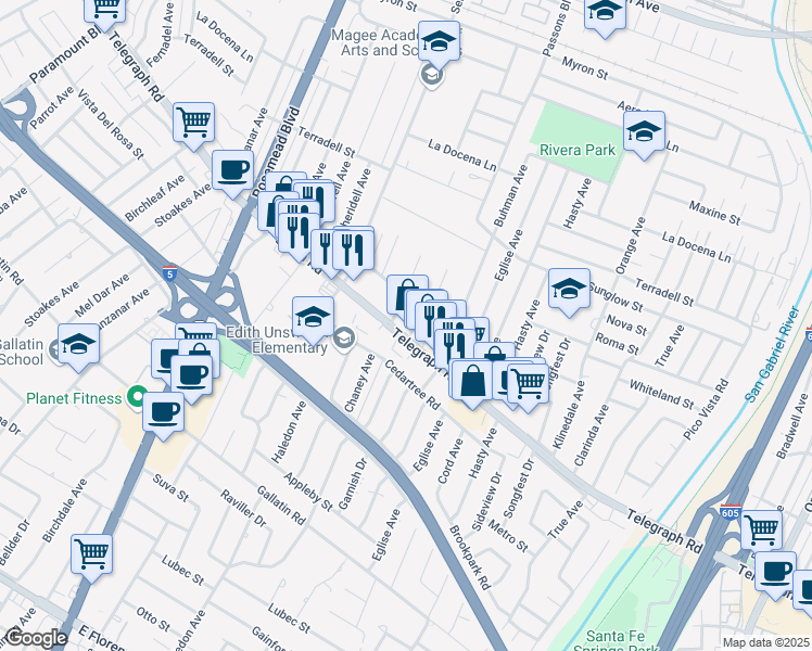 map of restaurants, bars, coffee shops, grocery stores, and more near 9321 Telegraph Road in Pico Rivera