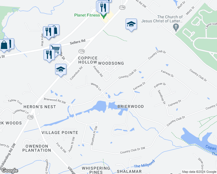 map of restaurants, bars, coffee shops, grocery stores, and more near 1 Country Club Villa Drive in Shallotte