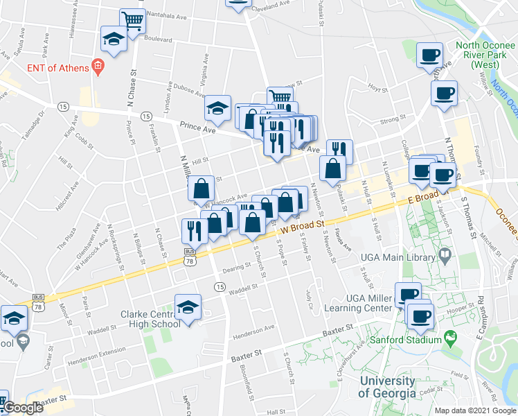 map of restaurants, bars, coffee shops, grocery stores, and more near 446 Reese Street in Athens