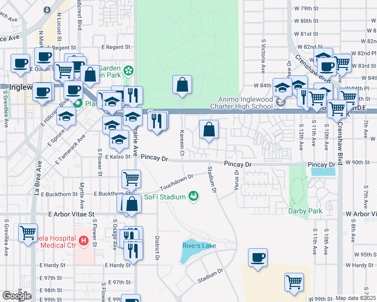 map of restaurants, bars, coffee shops, grocery stores, and more near 3860 Amberly Drive in Inglewood