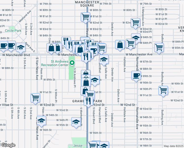 map of restaurants, bars, coffee shops, grocery stores, and more near 8759 South Hobart Boulevard in Los Angeles