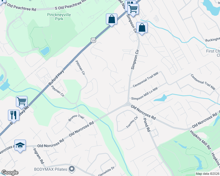 map of restaurants, bars, coffee shops, grocery stores, and more near 2730 Cambridge Park Drive Northwest in Duluth