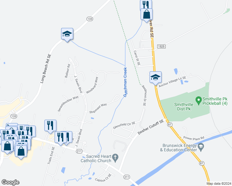 map of restaurants, bars, coffee shops, grocery stores, and more near 5244 Shipmast Way in Southport