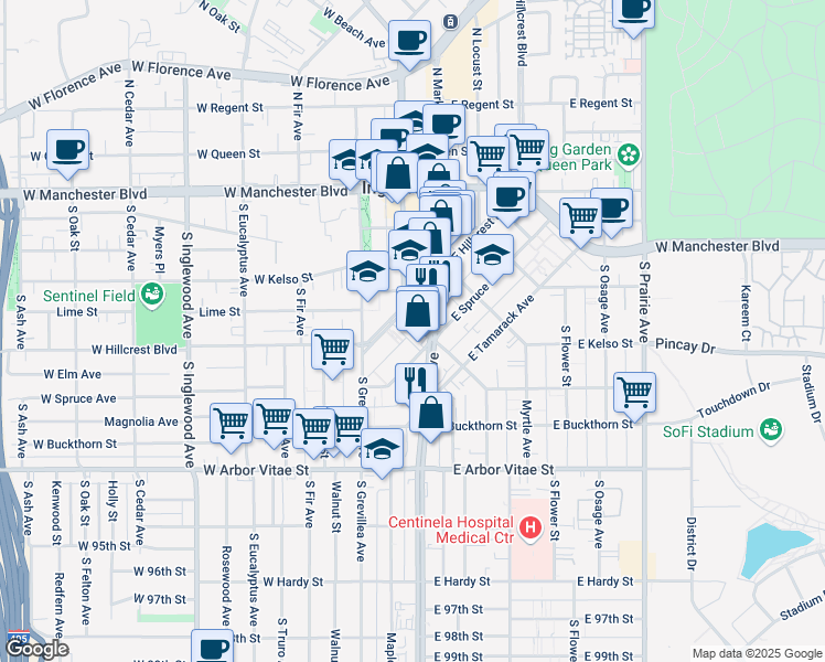 map of restaurants, bars, coffee shops, grocery stores, and more near 516 South La Brea Avenue in Inglewood