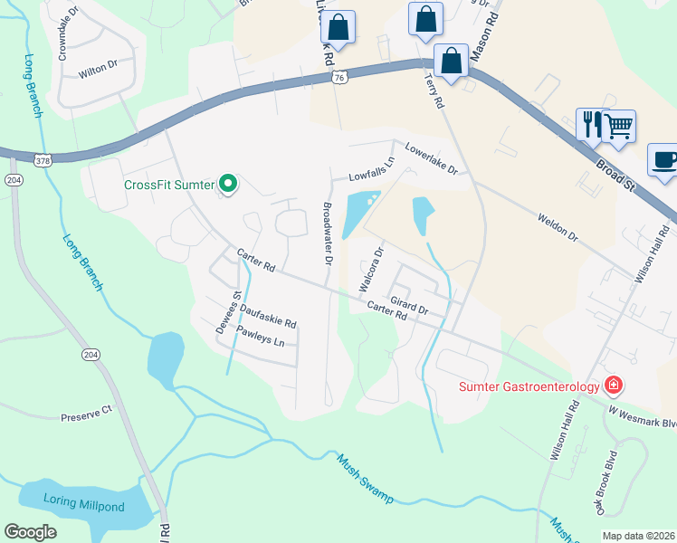 map of restaurants, bars, coffee shops, grocery stores, and more near 1315 Broadwater Drive in Sumter
