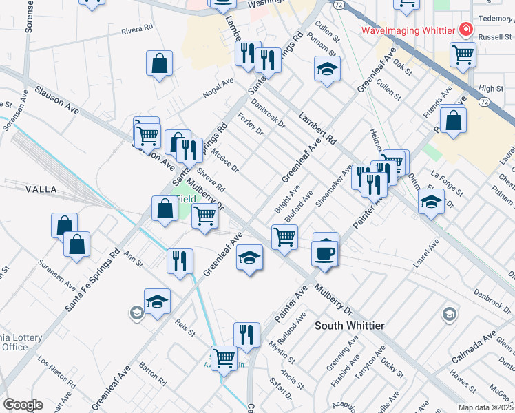 map of restaurants, bars, coffee shops, grocery stores, and more near 9127 Greenleaf Avenue in Whittier