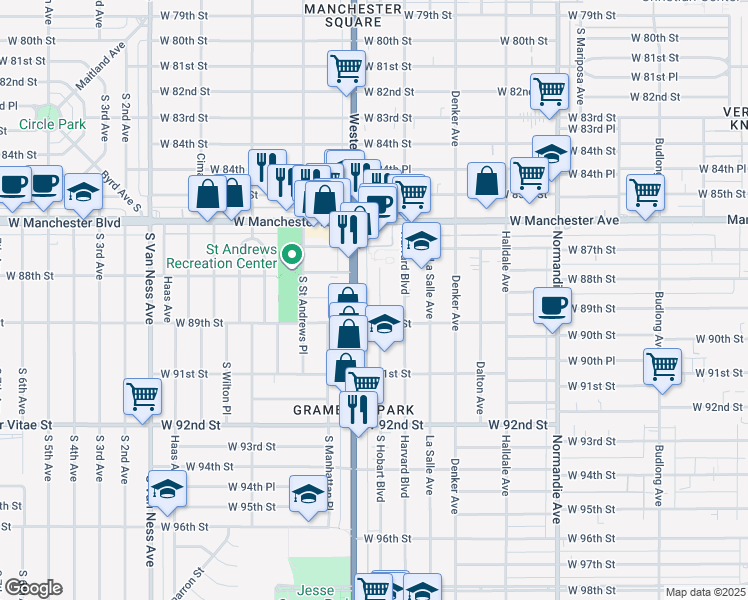 map of restaurants, bars, coffee shops, grocery stores, and more near 8759 South Hobart Boulevard in Los Angeles