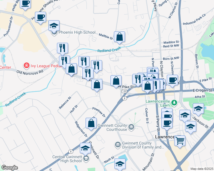 map of restaurants, bars, coffee shops, grocery stores, and more near 344 West Pike Street in Lawrenceville