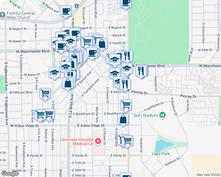 map of restaurants, bars, coffee shops, grocery stores, and more near 550 South Flower Street in Inglewood