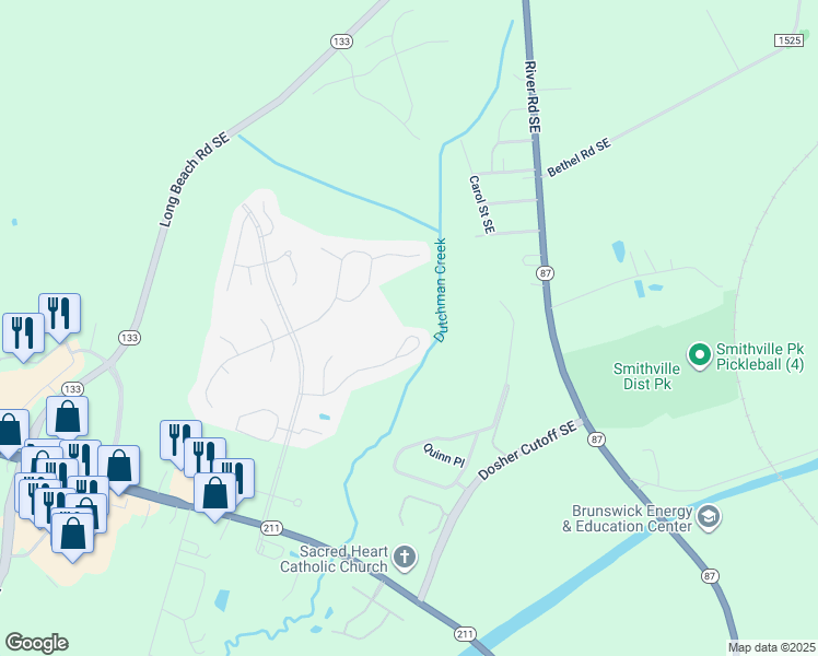 map of restaurants, bars, coffee shops, grocery stores, and more near 5244 Shipmast Way in Southport