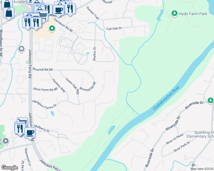 map of restaurants, bars, coffee shops, grocery stores, and more near 546 Gramercy Drive Northeast in Marietta
