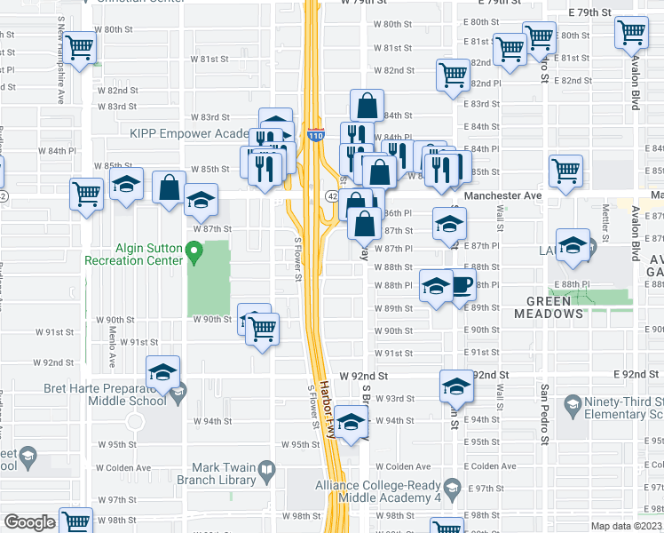 map of restaurants, bars, coffee shops, grocery stores, and more near 344 West 88th Street in Los Angeles