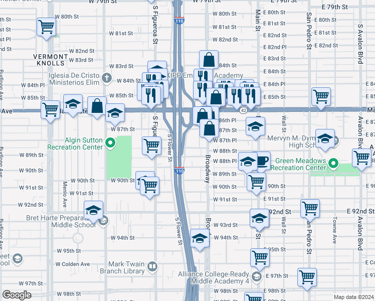 map of restaurants, bars, coffee shops, grocery stores, and more near 348 West 88th Street in Los Angeles