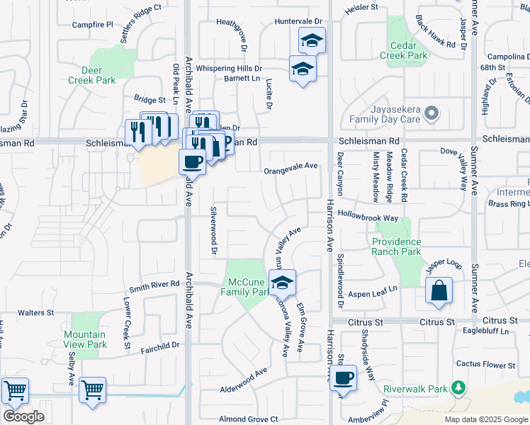 map of restaurants, bars, coffee shops, grocery stores, and more near 7203 Twinspur Court in Eastvale