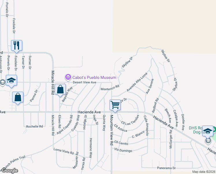 map of restaurants, bars, coffee shops, grocery stores, and more near 12585 Mountain View Road in Desert Hot Springs
