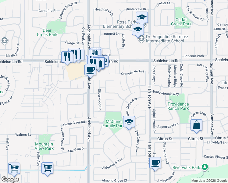 map of restaurants, bars, coffee shops, grocery stores, and more near 14028 Lemon Valley Avenue in Corona