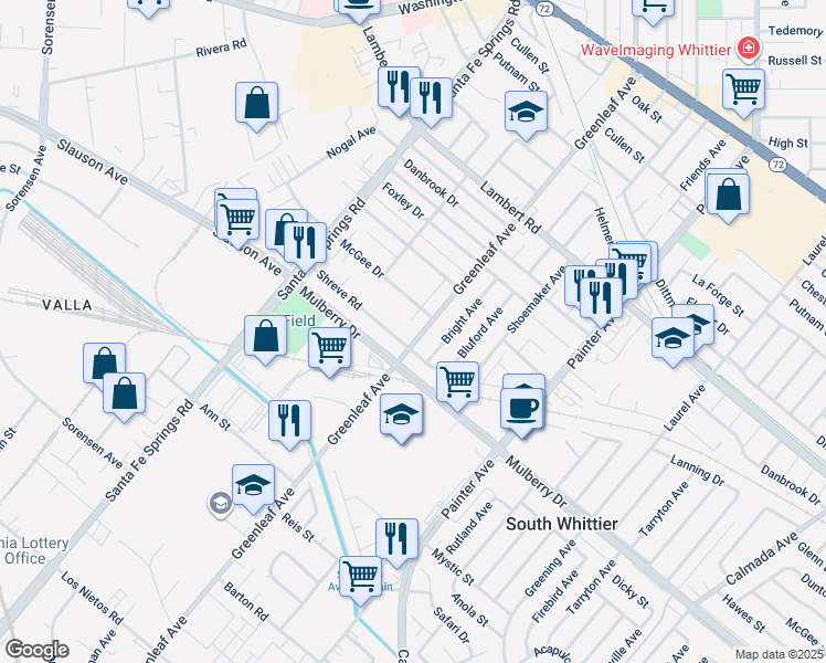 map of restaurants, bars, coffee shops, grocery stores, and more near 9120 Greenleaf Avenue in Whittier