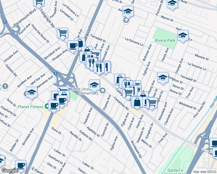 map of restaurants, bars, coffee shops, grocery stores, and more near 9242 Telegraph Road in Downey