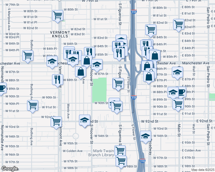 map of restaurants, bars, coffee shops, grocery stores, and more near 544 West 88th Street in Los Angeles