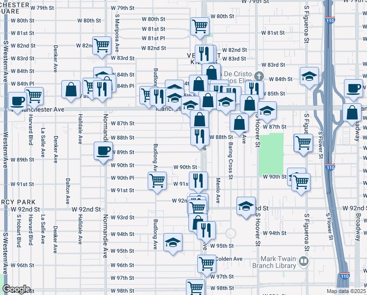 map of restaurants, bars, coffee shops, grocery stores, and more near 1031 West 89th Street in Los Angeles