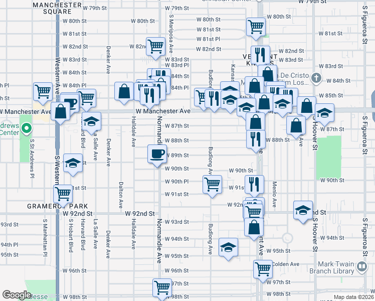 map of restaurants, bars, coffee shops, grocery stores, and more near 1241 West 89th Street in Los Angeles