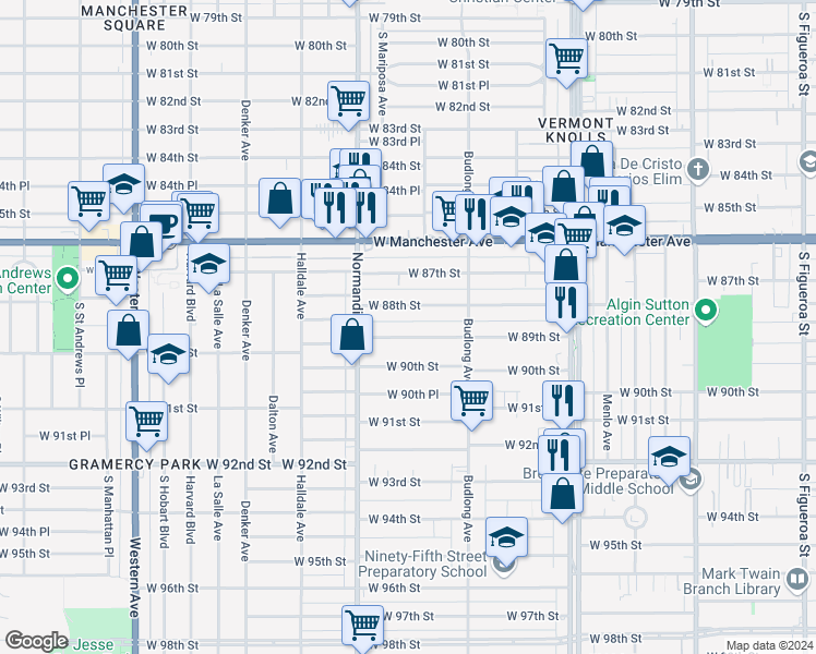 map of restaurants, bars, coffee shops, grocery stores, and more near 1323 West 89th Street in Los Angeles