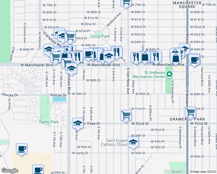 map of restaurants, bars, coffee shops, grocery stores, and more near 8905 South 3rd Avenue in Inglewood