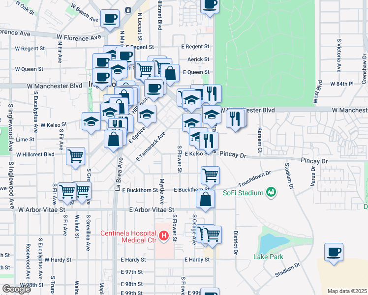 map of restaurants, bars, coffee shops, grocery stores, and more near 550 South Flower Street in Inglewood