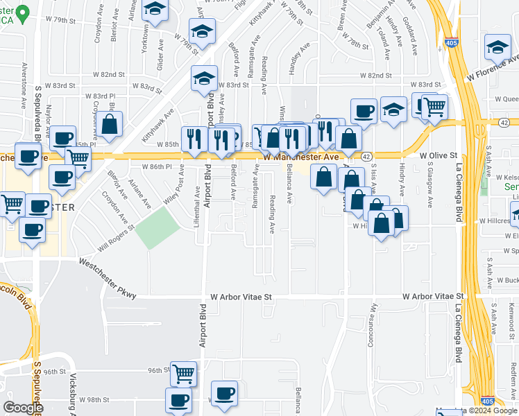 map of restaurants, bars, coffee shops, grocery stores, and more near 8827 Ramsgate Avenue in Los Angeles