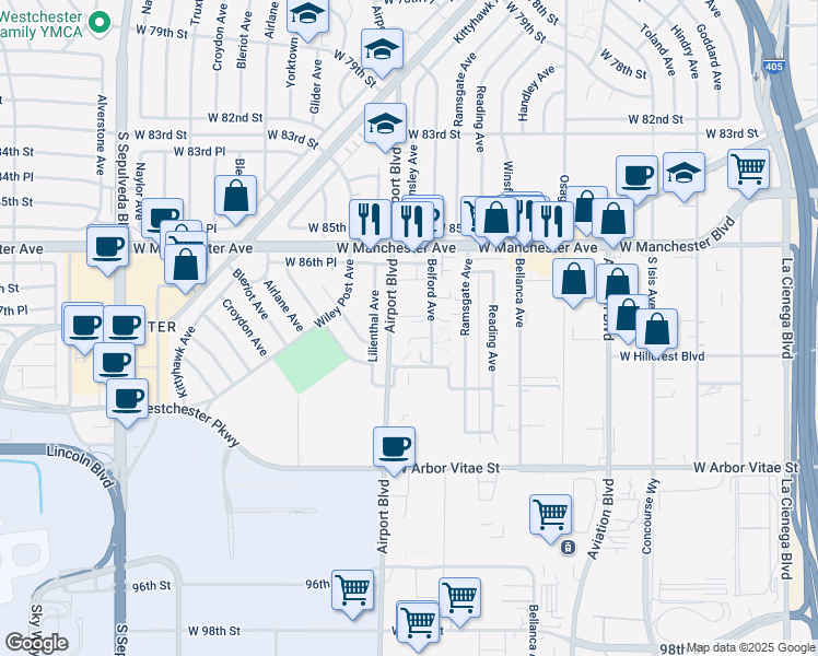 map of restaurants, bars, coffee shops, grocery stores, and more near 8735 Belford Avenue in Los Angeles