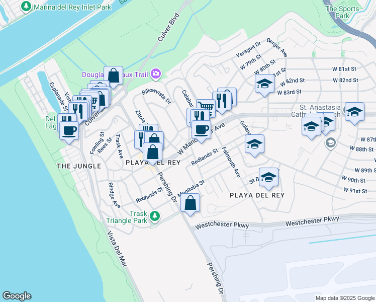 map of restaurants, bars, coffee shops, grocery stores, and more near 8236 West Manchester Avenue in Los Angeles