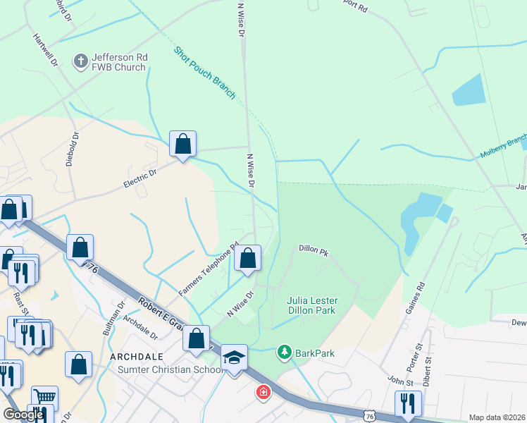 map of restaurants, bars, coffee shops, grocery stores, and more near 690 North Wise Drive in Sumter