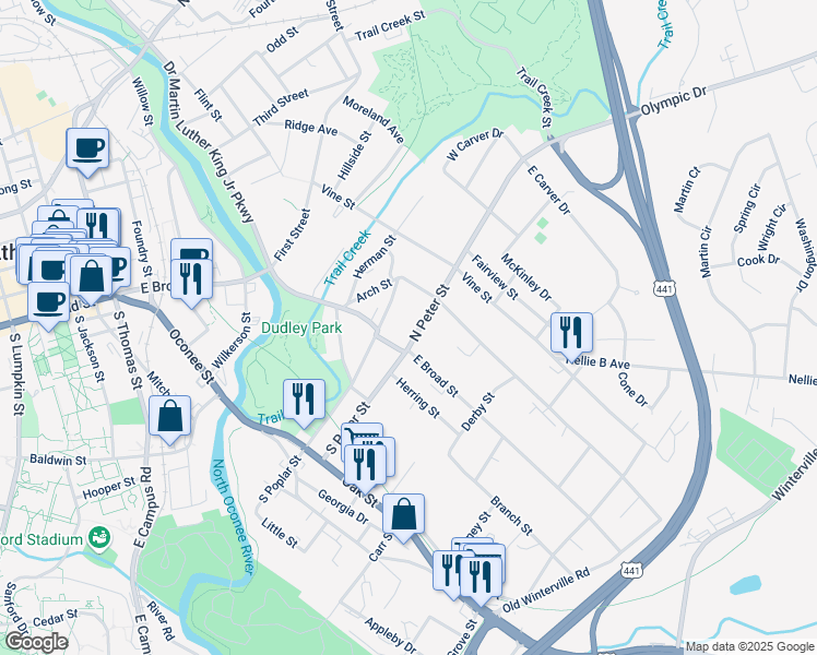 map of restaurants, bars, coffee shops, grocery stores, and more near 137 North Peter Street in Athens