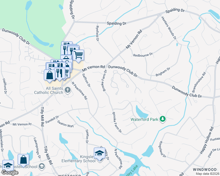 map of restaurants, bars, coffee shops, grocery stores, and more near 5521 Brooke Ridge Drive in Dunwoody