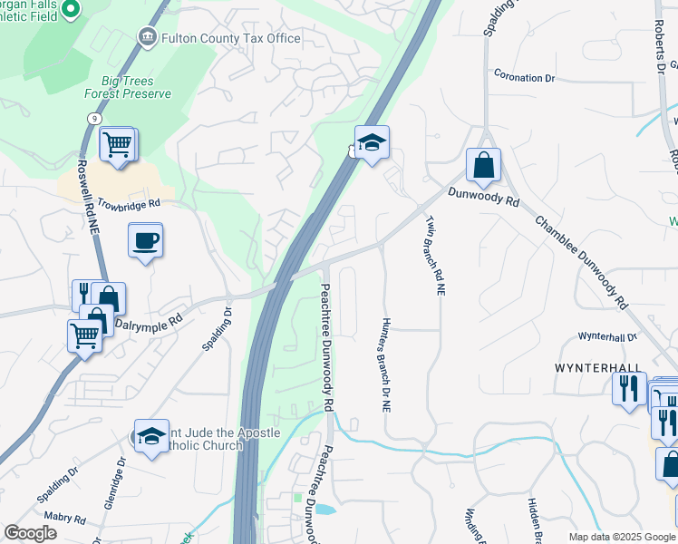 map of restaurants, bars, coffee shops, grocery stores, and more near 7375 Peachtree Dunwoody Road in Atlanta
